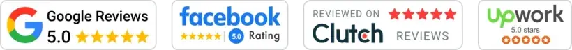 Avis clients : Google Reviews 5.0, Facebook 5.0, Clutch, Upwork 5.0
