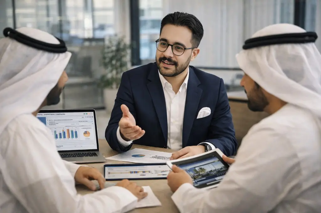 Mohamed Acharki présentant des campagnes publicitaires hôtelières à des clients